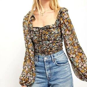 Free People Mabel Floral Peasant Top Sheer Long Sleeve Blouse Women XS EUC